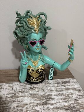 Ghoulish Medusa Bust Figurine in Teal and Gold